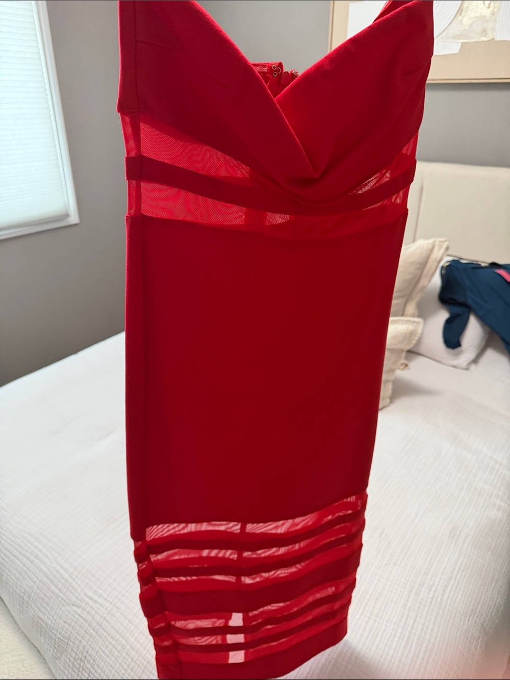 Fashion Nova Red Sheer-Trim Midi Bodycon Dress